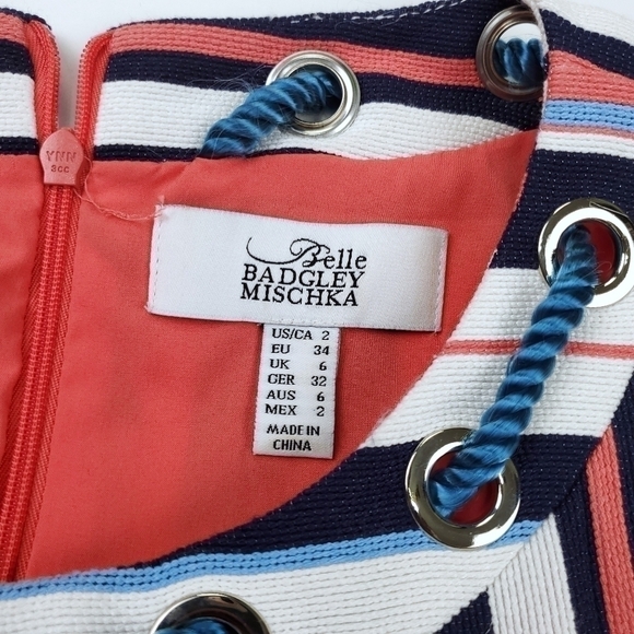 🔴 Badgley Mischka Belle Blue Coral Stripe Rope Collar Dress Size 2 - Picture 2 of 12